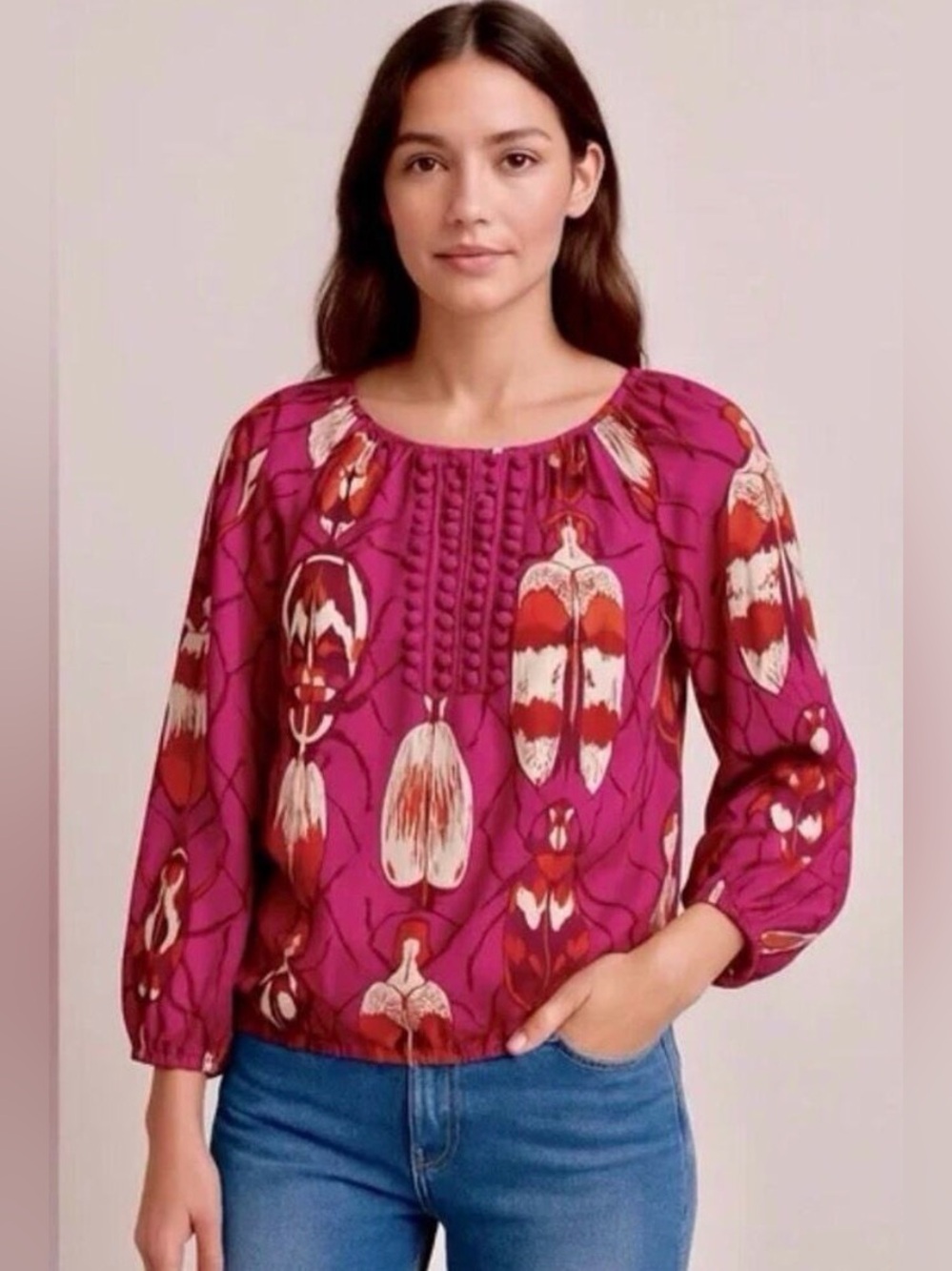 Tory Burch Silk Fuchsia Pink Beetle Print Pom-Pom Blouse